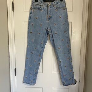 Topshop Mom Jeans With Rainbow Embroidery Pattern Women Jeans